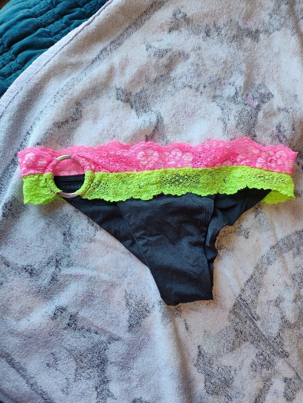 Black Bikini Bottom with Neon Pink and Neon Green Lace